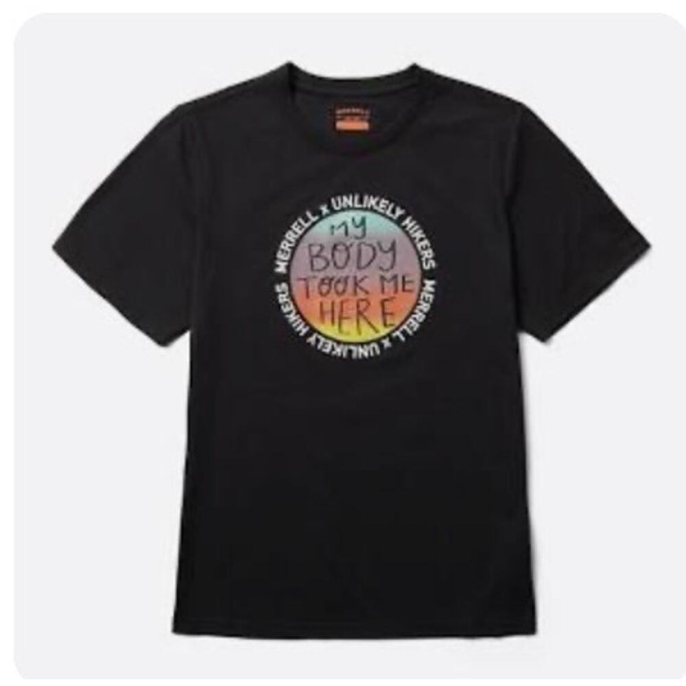 New NWT Merrell Unlikely Hikers Black Short Sleeve T-Shirt Women's Size Small